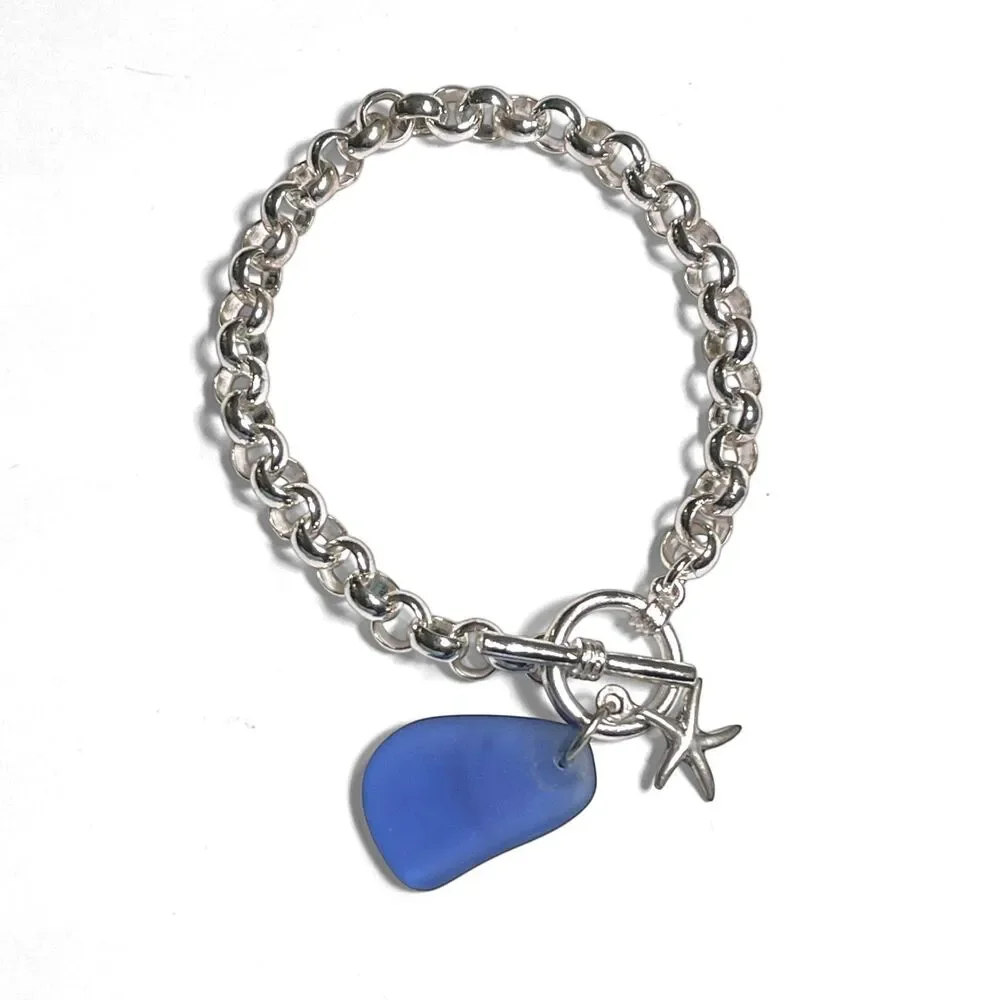 Blue Sea Glass Starfish Bracelet Silver Plated Rolo Chain Toggle Clasp 8